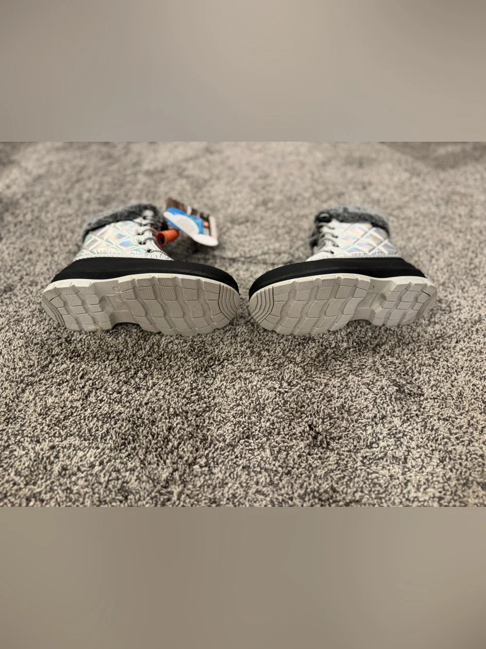 Ozark Trail Kids Holographic Silver and Black Faux-Fur Snow Boots